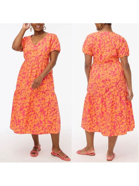 J.CREW Pink Orange Floral Tiered Puff Sleeve Midi Dress Women's Size 2 NWOT